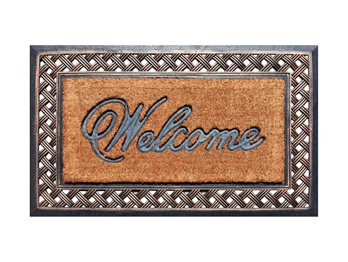 A1HC Natural Coir and Rubber Door Mat, 23"x38", Thick Durable Welcome Doormats for Indoor Outdoor Entrance, Heavy Duty, Thin Profile Mat, Easy to Clean, Long Lasting, Front Door Entry Doormat - color: Checkered Border Bronze, size: 1'11" x 3'2" (Rectangul