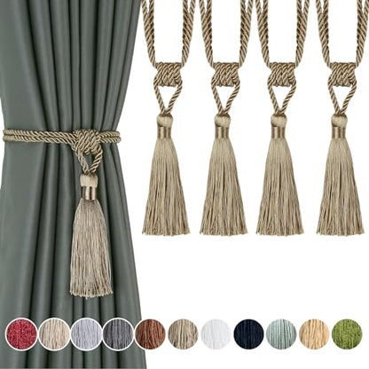 4 Pack Curtain Tiebacks Handmade Tassel Rope Curtain Holdbacks - color: Flaxen, size: 4p