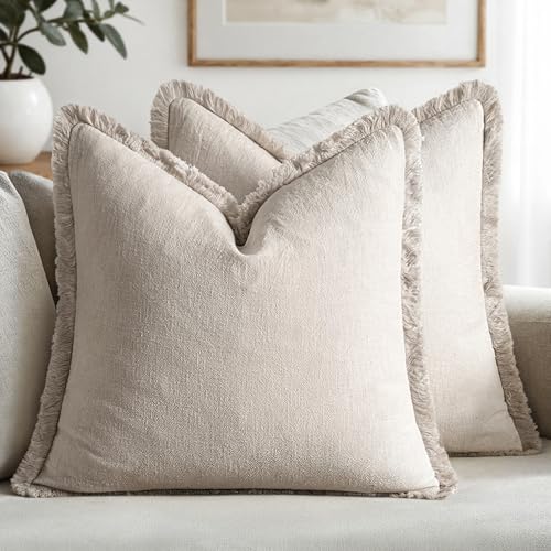 MIULEE Linen Fringe Decorative Throw Pillow Covers Natural Beige 20x20 - color: Natural Beige, size: 20" x 20" (Pack of 2)