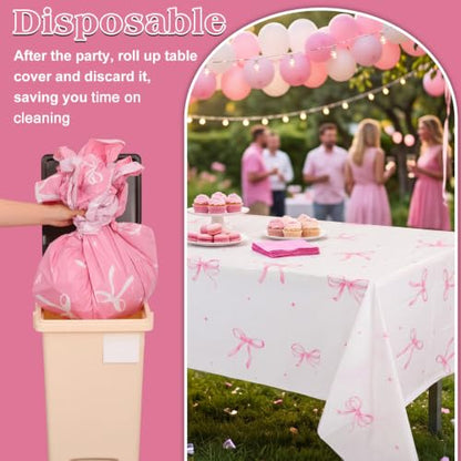 3 Pack Coquette Pink Bow Plastic Tablecloth, Pink and White Tablecloth - color: Pink Bow