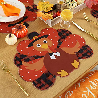 Feuille Thanksgiving Placemats Set of 4 - Fall Placemats for Dining Table Orange Brown Plaid, Harvest Turkey Placemats for Fall Autumn Thanksgiving Decorations - style: Turkey