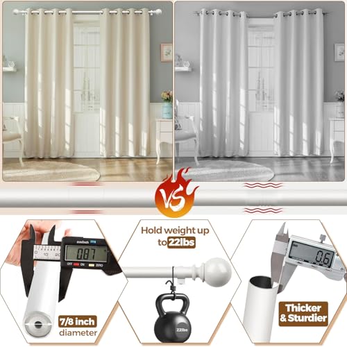 KAMANINA 7/8 Inch White Curtain Rod 32 to 86 Inch with Round Finials - color: Ivory White, size: 48-84"