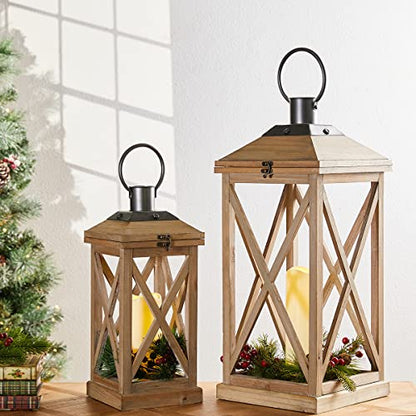 Glitzhome Set of 2 Mondern Farmhouse Wood Metal Decorative Lanterns Hanging Candle Lanterns,Natural (No Glass) - color: Brown