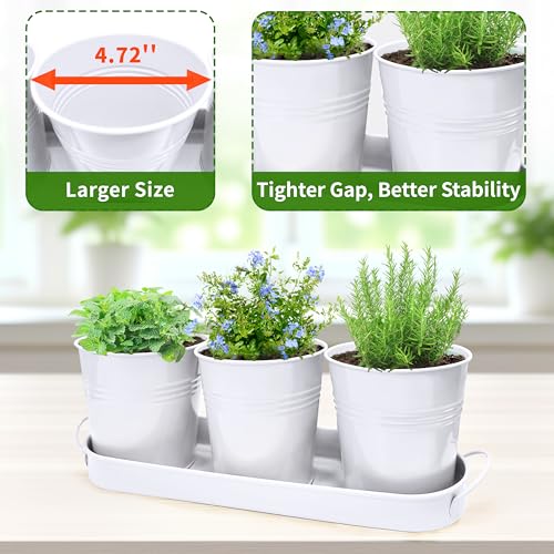 Small Pots for Plants, 3-Pack 4.7 Inch White Metal Herb Pots, Mini Windowsill Planter for Succulent, Cactus, Basil, Mint, Rosemary - color: White