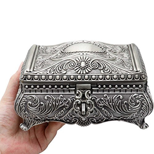 Rectangle Antique Metal Jewelry Box Trinket Storage Organizer Gift Box Chest Ring Case with Floral Engraved for Girls Ladies Women, Large - size: Large