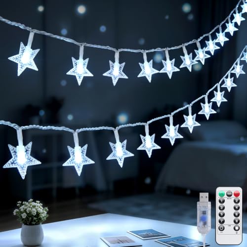 JMEXSUSS 100 LED Star String Lights USB Plug in, 33Ft White | Star Fairy Lights with Remote, Waterproof Hanging String Lights Indoor for Bedroom Classroom Tent Loft Bed Dorm Decor - color: White, size: 100 LED