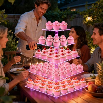 YestBuy Cupcake Stand with Pink Lights, Cupcake Tower Stand for 60 Cupcakes - color: Pink, size: 5 Tier Square