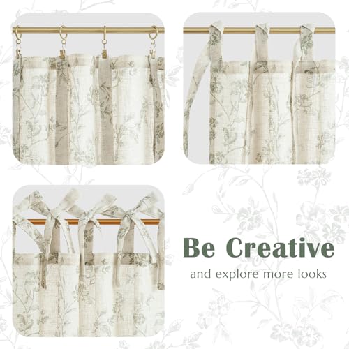 jinchan Green Floral Kitchen Tier Curtains Alisa 36 Inches Tie Top 2 Panles - color: Alisa Green on Linen, size: 26"W x 36"L (Pack of 2)