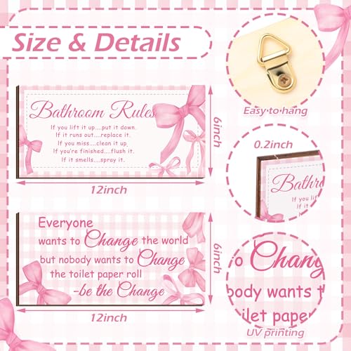 Jetec 2 Pcs Coquette Pink Bow Bathroom Wall Decor Wooden Sign 12 x 6 Inch - style: Pink Bow Style