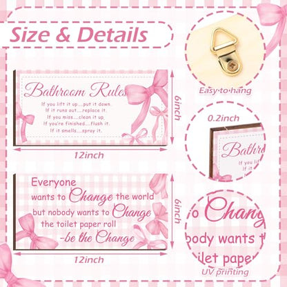 Jetec 2 Pcs Coquette Pink Bow Bathroom Wall Decor Wooden Sign 12 x 6 Inch - style: Pink Bow Style
