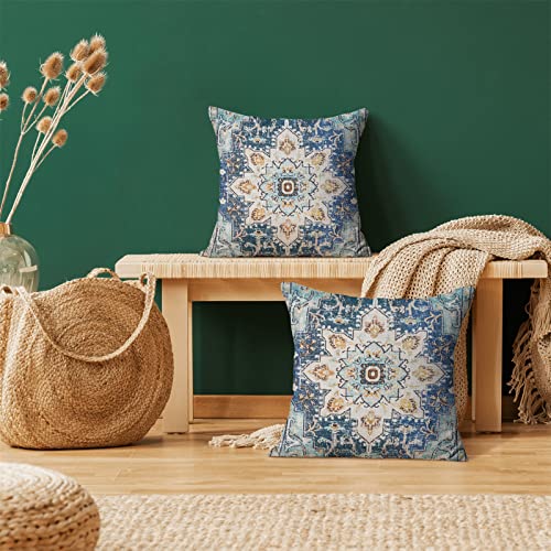 AEIOAE Boho Pillow Covers 16x16 Inch Set of 2,Carpet Pattern Throw Pillows Case,Blue Yellow Ethnic Design Outdoor Decorative Square Linen Farmhouse Decor Cushion Covers for Home Sofa Bed Couch - color: Blue Yellow Boho, size: 16" x 16" (Pack of 2)