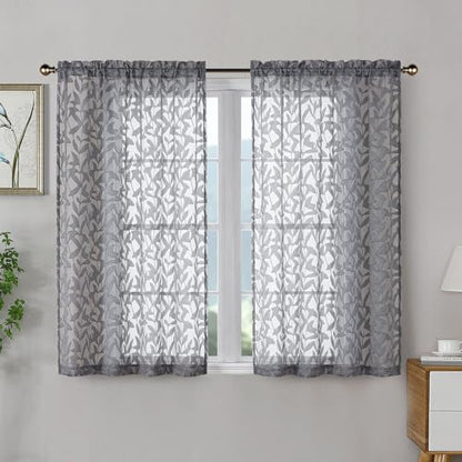 OWENIE Leyna 2 Panels Charcoal Gray Sheer Curtains 45 Inch Length, Jacquard Clip Textured Semi Small Window Curtain for Bedroom Living Room, Farmhouse Rod Pocket Leaves Drapes, 40Wx45L Inches - color: Charcoal Gray, size: 40"W x 45"L (Pack of 2)