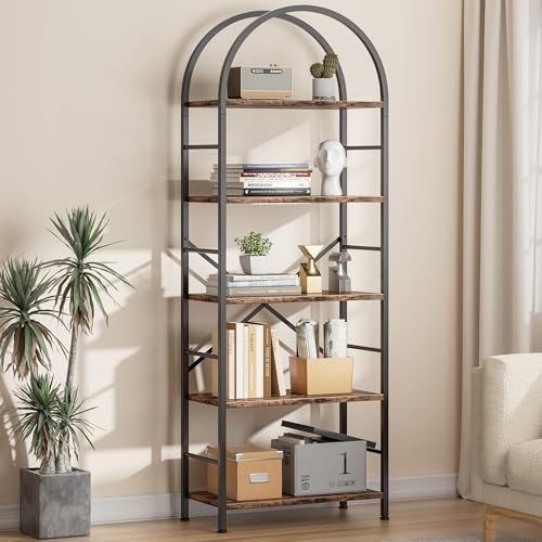 Shintenchi Bookshelf, Arched Bookshelf 5 Tier Bookcase, Tall Shelf for CDs/Books, Home Office Shelf Storage Organizer, Modern Book Shelf for Bedroom/Living Room, Rustic Brown - color: Rustic Brown, size: 5 Tier