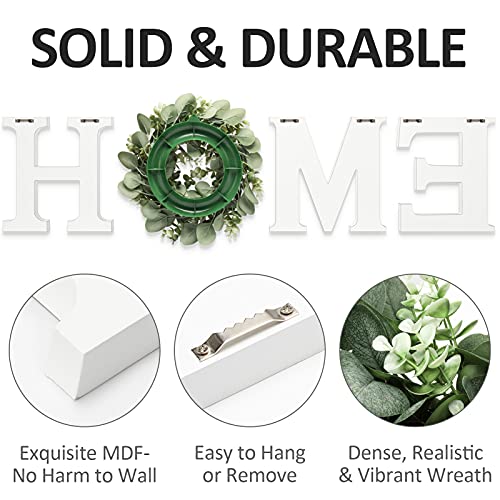 MAYICIVO Modern Wooden Home Sign with Artificial Eucalyptus Wreath, White and Beige, 13.81 inches Diameter, Wall Mount, MDF Wood, Plastic - color: White