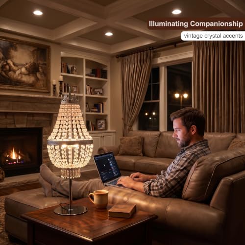 25.6in Height Clear Crystals Table Lamp for Living Room,Modern Tall Bedside Lamp for Bedroom Living Room Study Room (Chrome Crown) - color: Chrome Crown