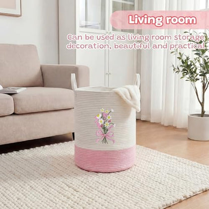 Honeydak Pink Bow Cotton Rope Laundry Basket Hamper, Flower - style: Flower