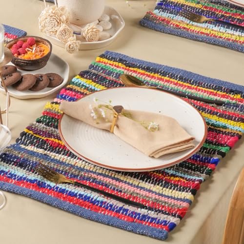 Set of 6 Eco-Friendly Rainbow Multi Chindi Placemats 13 x 19 Inch Pure Cotton Table Mats Woven Kitchen Placemats - color: Multicolor