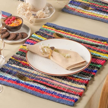 Set of 6 Eco-Friendly Rainbow Multi Chindi Placemats 13 x 19 Inch Pure Cotton Table Mats Woven Kitchen Placemats - color: Multicolor