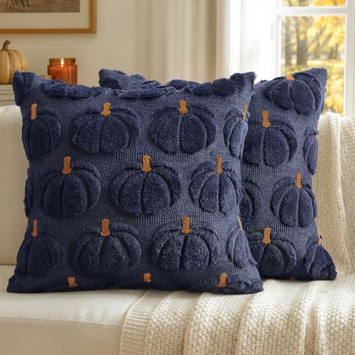 MIULEE Fall Pumpkin Pillow Covers Fall Decor Navy Blue Brown Stem 18x18 - color: Navy Blue Brown Stem, size: 18" x 18" (Pack of 2)