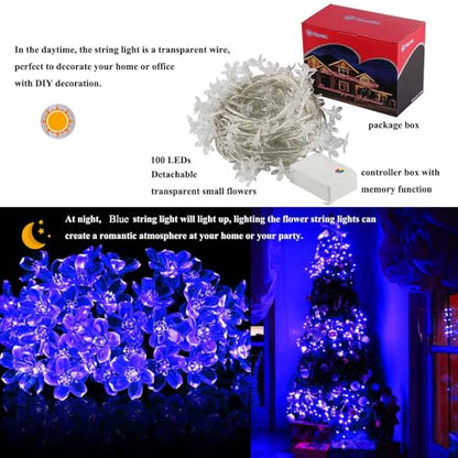 Plug in Blue Flower String Lights, 33ft 100 LED Cherry Blossom Fairy Lights - color: Blue