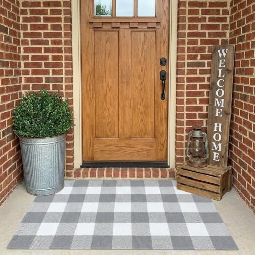 MUBIN Cotton Buffalo Plaid Rug, 27.5x43 Gray White Outdoor Rug Front Door Decorative Mat, Washable Doormat Hand-Woven Foldable Area Rug Layered Door Mats Rug for Front Porch, Entryway, Patio - color: Gray White Plaid, size: 2'3" x 3'7" (Rectangular)