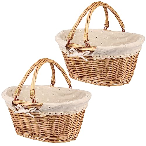 2 Pack Medium Size Oval Willow Basket with Handle, 12.6x9x4.7 Inch Wicker Picnic Basket with Liner, Empty Gift Basket, Wicker Basket for Fruit, Candy, Wine, Gathering, Wedding, Picnic, by GNIEMCKIN - size: 2 PCS medium Circular vine
