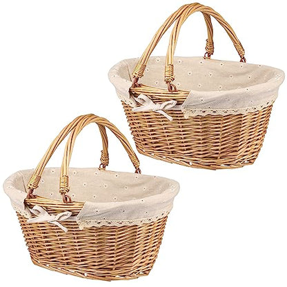 2 Pack Medium Size Oval Willow Basket with Handle, 12.6x9x4.7 Inch Wicker Picnic Basket with Liner, Empty Gift Basket, Wicker Basket for Fruit, Candy, Wine, Gathering, Wedding, Picnic, by GNIEMCKIN - size: 2 PCS medium Circular vine