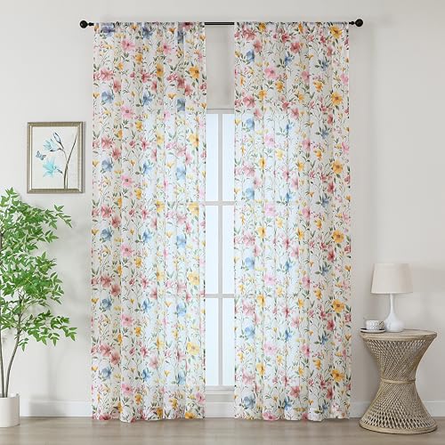 OWENIE Printed Floral Sheer Curtains - 96 Inches Long 2 Panels Set for Girls Bedroom Living Room, Soft Airy Light Filtering Textured Farmhouse Sheer Drapes, Rod Pocket Window Treatments, 50" Wx96 L - size: 50"W x 96"L (Pack of 2)