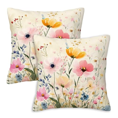 Firmiso Cream Floral Throw Pillow Covers 18x18 Set of 2, Watercolor Botanical Decorative Cushion Covers, Cottage Garden Pillow Cases for Couch Sofa Living Room Decor - color: Soft Wildflower