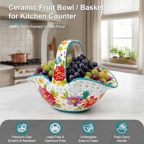 Ceramic Candy Dish, Small Fruit Bowl/Basket with Handle, Key Holder - color: Dahlia