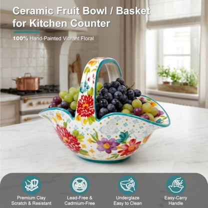 Ceramic Candy Dish, Small Fruit Bowl/Basket with Handle, Key Holder - color: Dahlia