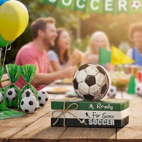 Smile 4Ps Soccer Ready For Some Soccer Wooden Block Decor Tiered Tray Tabletop Signs with Soccer Ball Figurine for Game Day & Sports Party Decorations - style: Soccer
