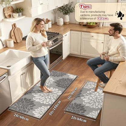 Findosom Kitchen Rugs Sets of 2, Floral Washable Kitchen Runner Rug, Gray - color: Grey, size: 24" x 36" + 24" x 60"