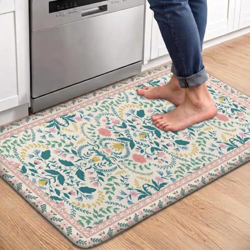 Boho Floral Kitchen Comfort Mat 36x20in Anti-Fatigue Kitchen Mats - color: Pink Boho Floral