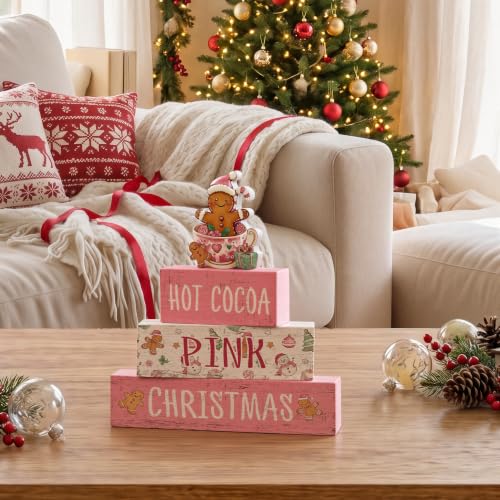 Smile 4 Wooden Christmas Signs, Hot Cocoa Pink Gingerbread Decor - style: Pink Christmas