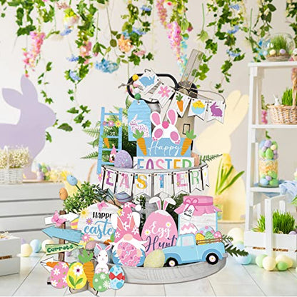 Marsui Easter Tiered Tray Decor Happy Easter Tiered Tray Ornament Rustic Farmhouse Spring Sign Bunny Truck Gnome Egg Wooden Sign for Home Table Decor(Cute) - style: Cute