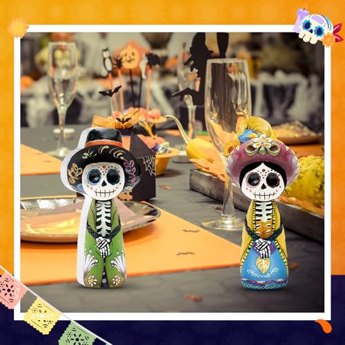 Yuntau 2 Pcs Day of The Dead Figurines Wooden Dia De Los Muertos Skull - style: Skeleton