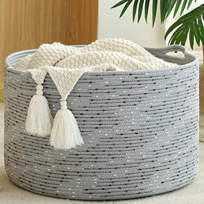 KAKAMAY Large Blanket Basket (20"x13"),Woven Baskets for storage Baby Laundry Hamper, Cotton Rope Blanket Basket for Living Room, Laundry, Nursery, Pillows, Grey with Blue & Brown Dotted - color: Grey Dot