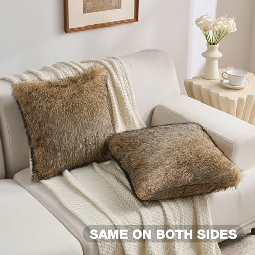 FUTEI Pack of 2 Faux Raccoon Fur Throw Pillow Covers 45 x 45 cm, Tawny - color: Tawny