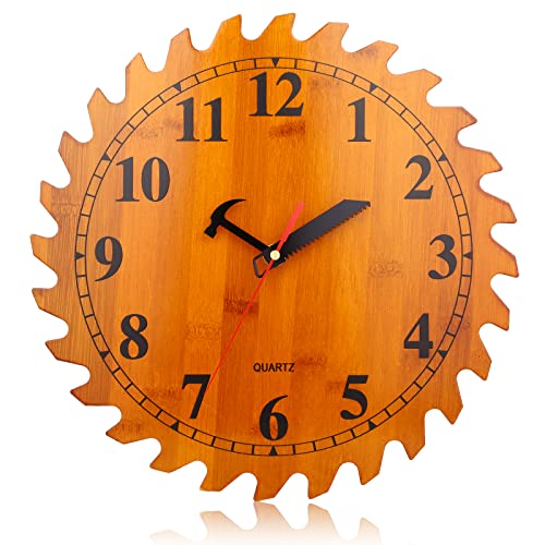 12 Inch Wood Wall Clock with Circular Saw Blade Dial, Handsaw and Hammer Pointer,Great Decor for Farmhouse,Garages and Man Cave - color: Brown