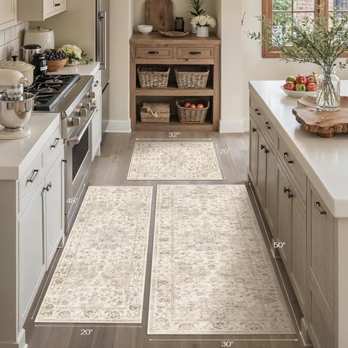 Washable Neutral Beige Kitchen Runner Rug Set of 3 - color: Neutral | Beige, size: 20"x32"+20"x48"+30"x50"