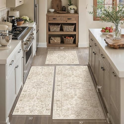 Washable Neutral Beige Kitchen Runner Rug Set of 3 - color: Neutral | Beige, size: 20"x32"+20"x48"+30"x50"