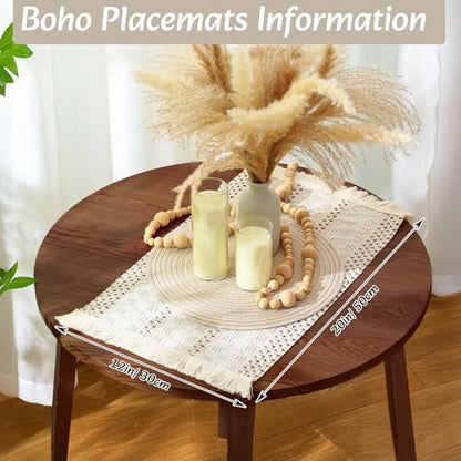 Boho Table Runner and Placemats Set, 6 Sets, Beige, 12x72 - color: Beige, size: 12x72"