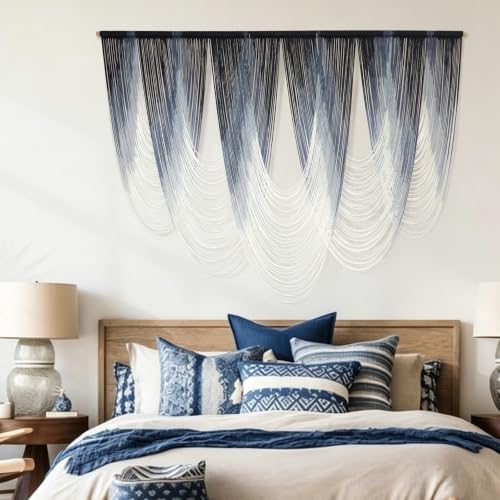 Macrame Wall Hanging Dip-Dyed Navy Blue Boho Wall Art Yarn 57" W*41" L - color: Navy Blue