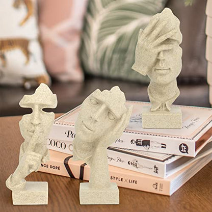 prosfalt 3 Pcs Thinker Statue, Silence is Gold Abstract Art Figurine - color: 3 Pcs Sandstone