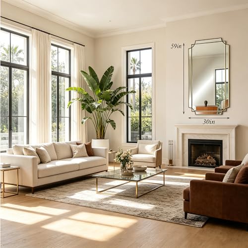 59"x30" Large Rectangle Beveled Mirror with Geometric Wood Frame - color: Black, size: 59"L x 30"W