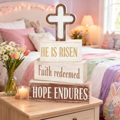 Easter Decorations - He Is Risen Cross Tiered Tray Decor - Faith Redeemed Religious Wooden Tabletop Sign - Farmhouse Easter Christian Home Decor Indoor - Spring Home Decor for Living Room, Kitchen Counter, Seasonal Farmhouse Display - style: Cross
