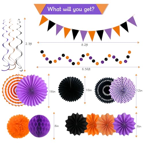 26 Pcs Halloween Party Decorations Kit, Paper Fans Pom Poms Banner 8-16 in - color: Purple