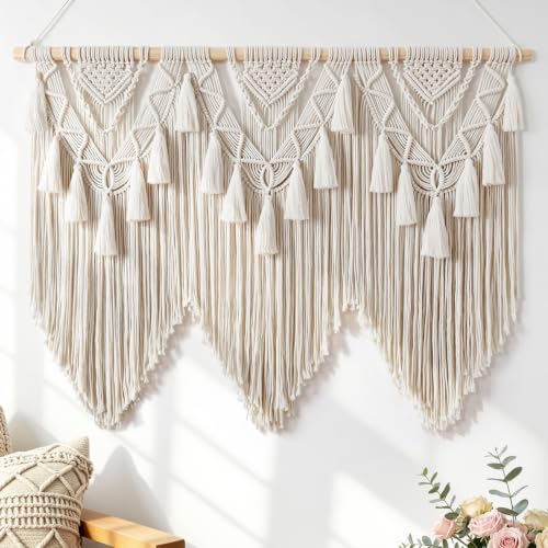 Large Macrame Wall Hanging Boho Woven Tapestry Beige Home Decor Wall Art | KHOYIME Bohemian Farmhouse Handmade Tassel Chic Modern Decoration for Bedroom Living Room Nursery Wedding Backdrop 42"W X33"L - color: Beige/Green/Brown