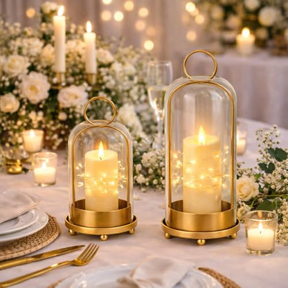 Glass Candle Lantern Brass Hurricane Candle Holders Set for Pillar Candles, Tabletop & Hanging Decor for Living Room, Dining Table, Patio & Events